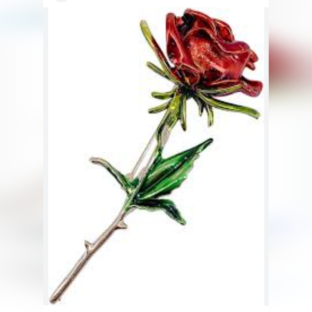 NWT  Red Rose Enamel  Bronze Brooch.